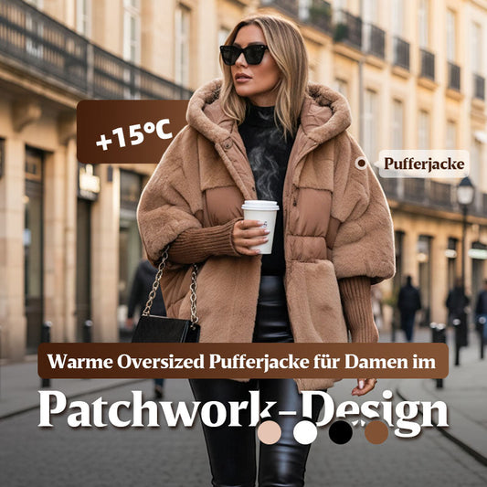 ❄️✨Damen Oversized Pufferjacke mit Kapuze im Patchwork-Design