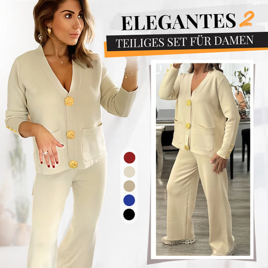 👗🌸Damen-Zweiteiler aus Pullover mit Knöpfen und Hose mit weitem Bein