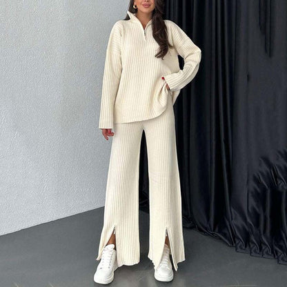 🍂Frühherbst-Special 50 % Rabatt💕Gemütliches zweiteiliges Set aus Rippstrick für Damen mit Hose mit geschlitztem Bein