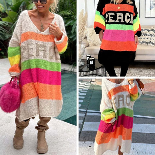 🌈🍂Farbblock-Pulloverkleid mit V-Ausschnitt und Buchstabendruck