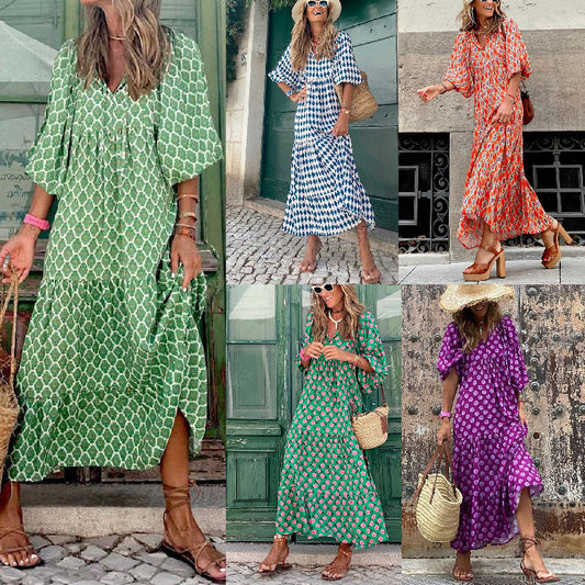 🌸Große Preisreduzierung🌸 Elegantes Damen-Boho-Maxikleid mit Puffärmeln und Blumenmuster