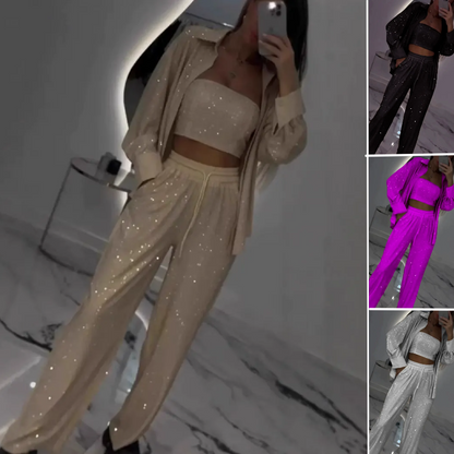 Dámske flitrované sako a široké nohavice (3-dielna súprava)