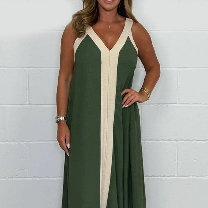 Kaufen Sie 2 gratis Versand🔥2025 Neu eingetroffen🌺⏳ Limited time 50% off! 💥Women's V-Neck Sleeveless Color Block Maxi Dress
