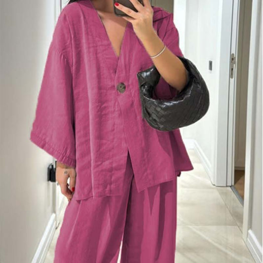 🔥2025 Neu eingetroffen - Letzter Verkaufstag für 19,99 €🌺Damen einfarbiges 2-teiliges Set: Oberteil mit V-Ausschnitt & Weitbeinhose