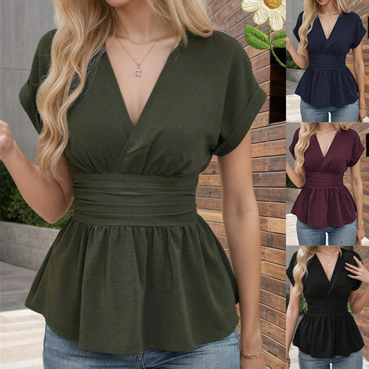 Damen T-Shirt mit V-Ausschnitt, Taillenformung, einfarbig, tiefem Ärmelrock und Plissee💥💥Befristetes Angebot: 50% Rabatt auf Bestellungen