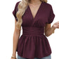 Damen T-Shirt mit V-Ausschnitt, Taillenformung, einfarbig, tiefem Ärmelrock und Plissee💥💥Befristetes Angebot: 50% Rabatt auf Bestellungen