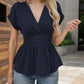 Damen T-Shirt mit V-Ausschnitt, Taillenformung, einfarbig, tiefem Ärmelrock und Plissee💥💥Befristetes Angebot: 50% Rabatt auf Bestellungen