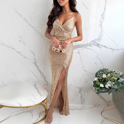 Kaufen Sie 2 Stück und erhalten Sie kostenlosen Versand🔥2025 Neu eingetroffen - 50% OFF🌺Partykleid mit Pailletten, V-Ausschnitt und Schlitz für Damen