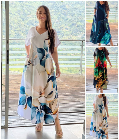 ⏳ Rajoitettu aika 50% Alennus💥👗 Löysät rennot naisten mekot, joissa V-pääntie ja painatus lyhythihainen