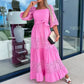 🌸💐Trendiges, langes Patchwork-Kleid mit Taillengürtel und quadratischem Ausschnitt für Damen