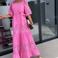 🌸💐Trendiges, langes Patchwork-Kleid mit Taillengürtel und quadratischem Ausschnitt für Damen