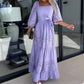 🌸💐Trendiges, langes Patchwork-Kleid mit Taillengürtel und quadratischem Ausschnitt für Damen