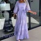 🌸💐Trendiges, langes Patchwork-Kleid mit Taillengürtel und quadratischem Ausschnitt für Damen