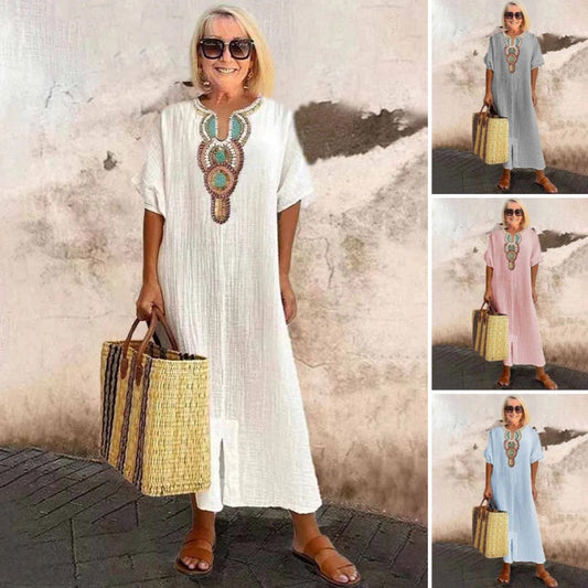 Women's Casual Loose Cotton Linen Embroidered Split Dress