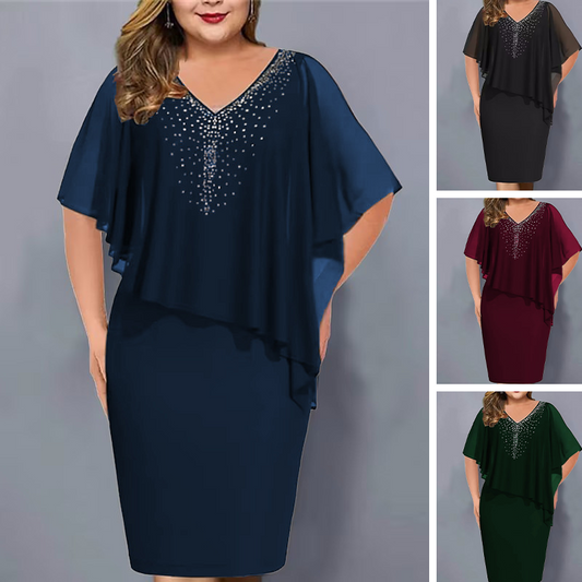 🌸💐Strass-Cape-Kleid mit V-Ausschnitt und Chiffon-Überzug🚀Kaufen Sie 2 und erhalten Sie kostenlosen Versand🚀
