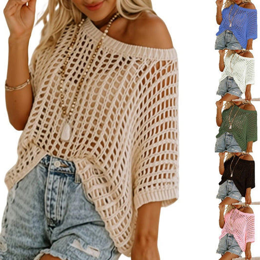 🎨🎁2025 Neuer heißer Verkauf - Damen Sommerpullover mit U-Ausschnitt und kurzen Ärmeln, lässig, gehäkelt, ausgehöhlt, Strickoberteile, Pullover, Hemden, Strandüberwurf