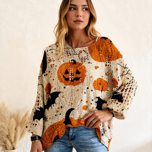 🎃Halloween-Sonderangebot mit 50 % Rabatt💓Lockerer Halloween-Strickpullover für Damen mit Fledermausärmeln