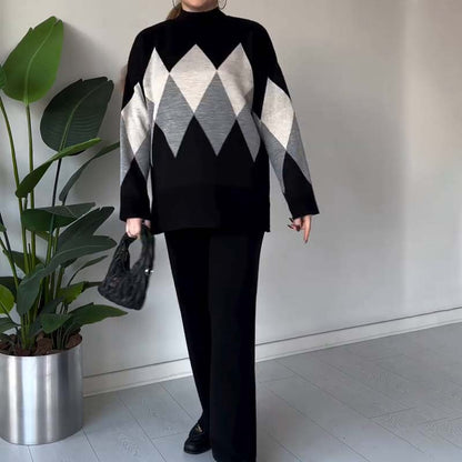 ⏰ ✨Modische Farbe-Blocking-Set aus Pullover und Hose mit Rautenmuster
