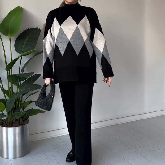 ⏰ ✨Modische Farbe-Blocking-Set aus Pullover und Hose mit Rautenmuster