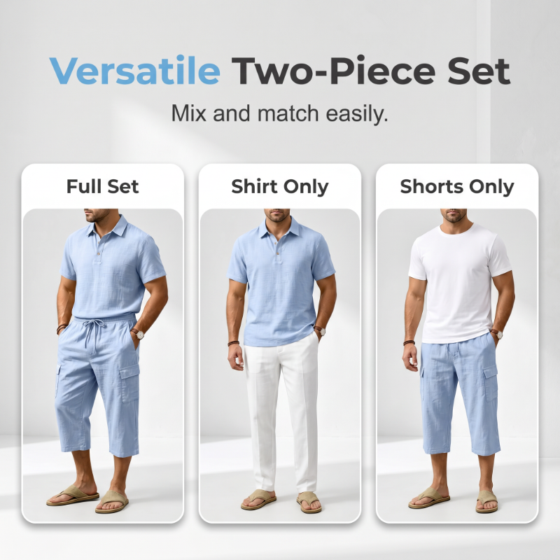 Men Summer Linen Set Loose Shirt and Cargo Shorts Two Piece Outfit