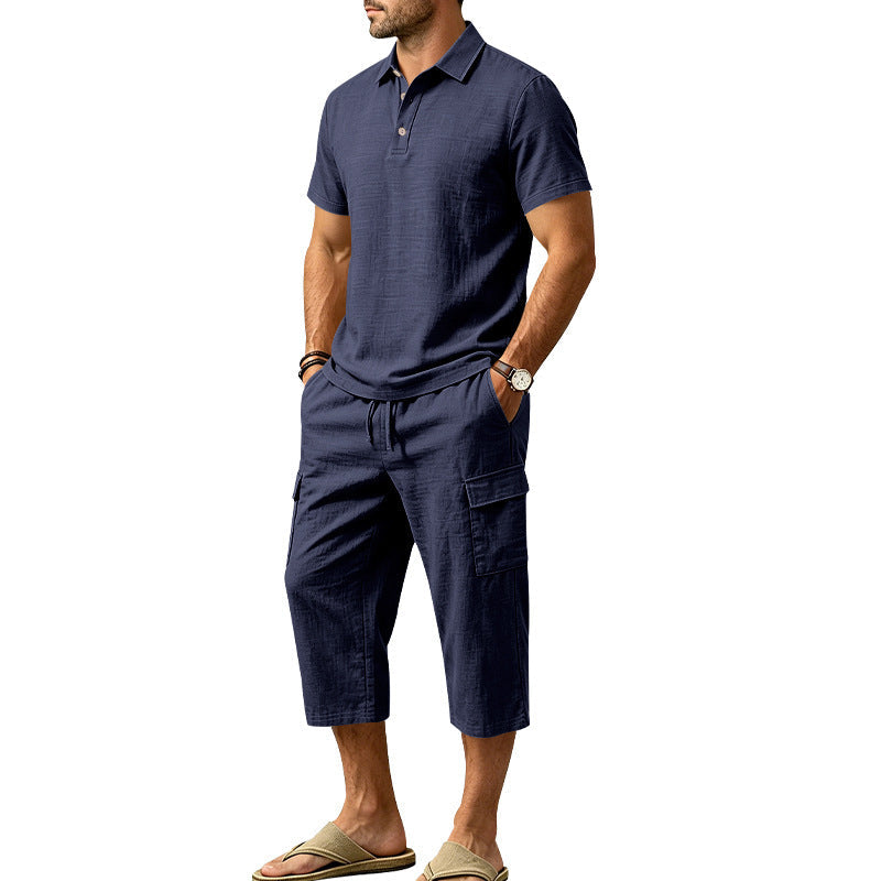 Men Summer Linen Set Loose Shirt and Cargo Shorts Two Piece Outfit